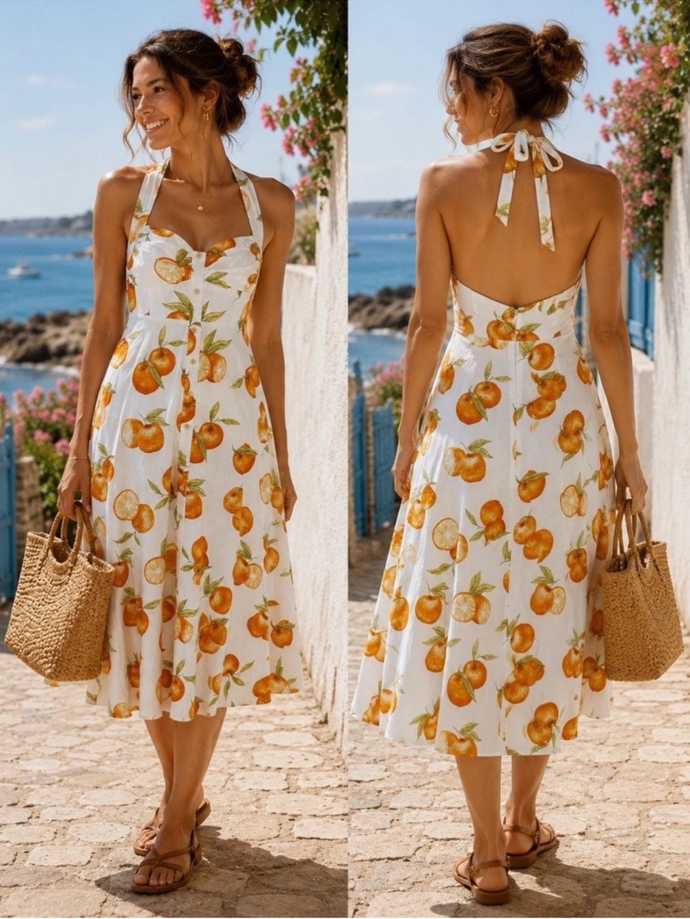 Sunset Citrus Halter Midi Dress by Zara